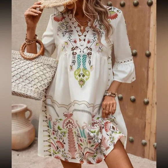 Boho Floral Peacock Print Guipure Crochet Lace Flounce Sleeve Dress - Picture 1 of 6